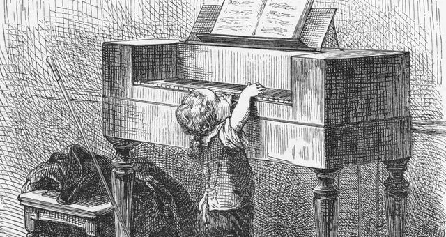 Un enfant à un piano de cuisine — gravure ancienne